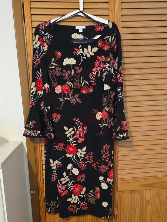 Charter Club Black Long-Sleeve Floral Dress - Red & Cream Flowers - Picture 1 of 2